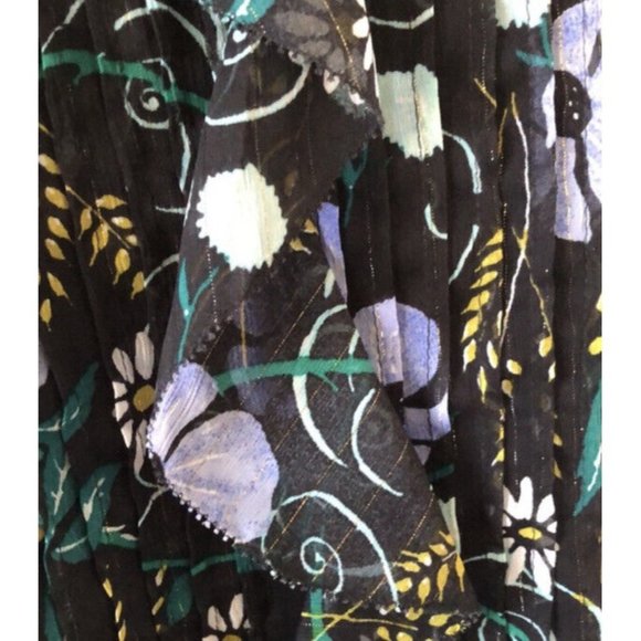 Banana Republic M Boho Blouse Floral Ruffle Pleats Medium Black Blue Green Daisy - Picture 5 of 8